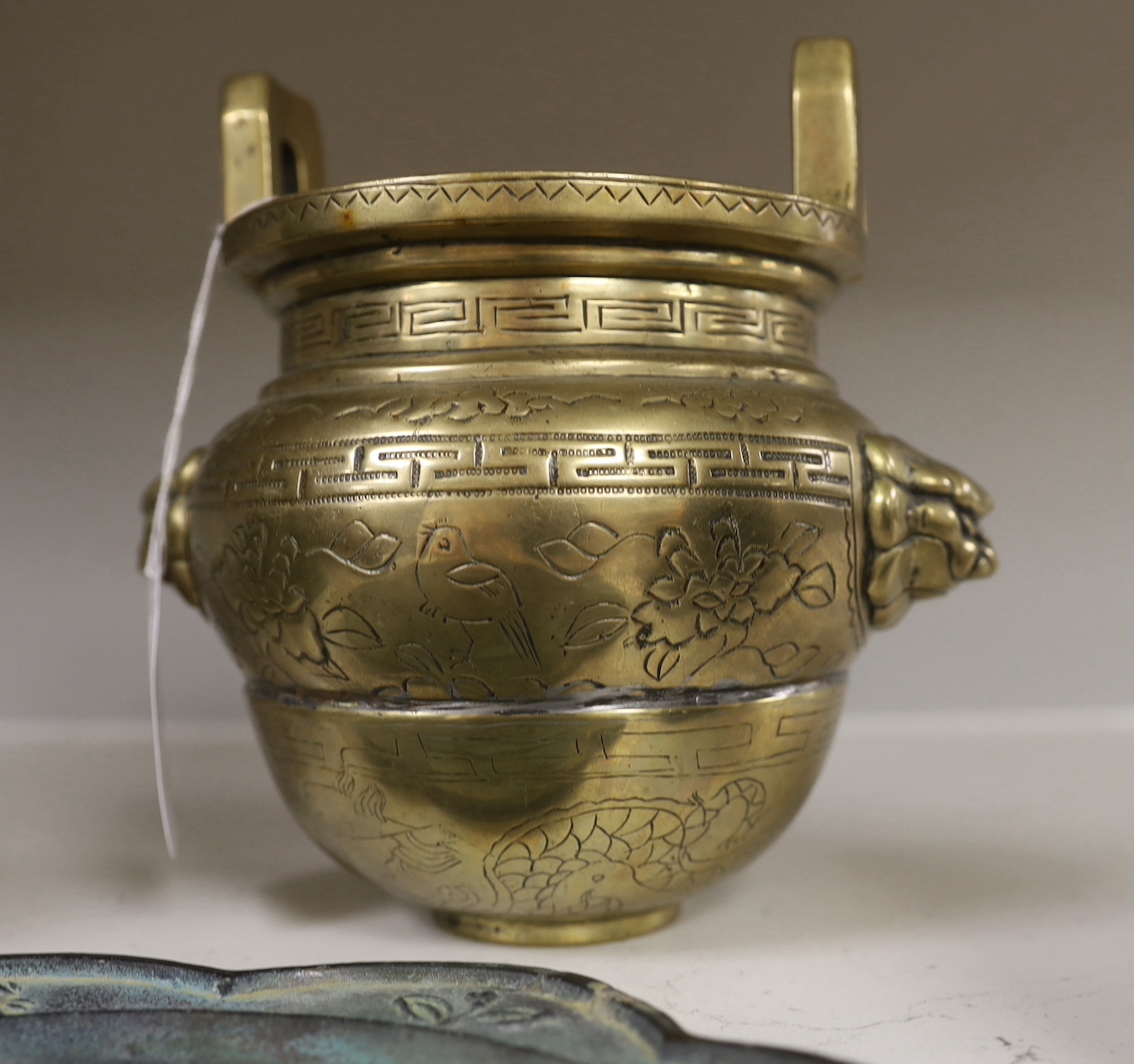 Two Chinese bronze vessels, a bronze censer, a vajra and a bronze mirror, tallest 16cm high